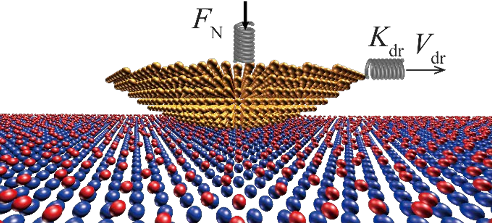 a simulated AFM tip on a surface covered with particles